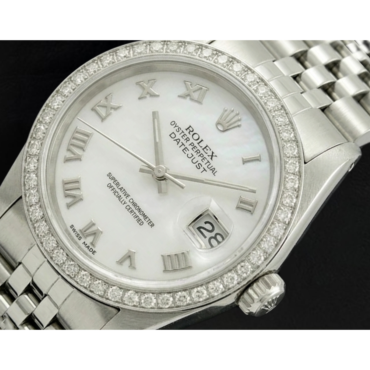 Rolex Date just Weiß Mop römisches Zifferblatt, Diamantlünette, Edelstahl-Jubiläumsarmband, SCHNELLES SET