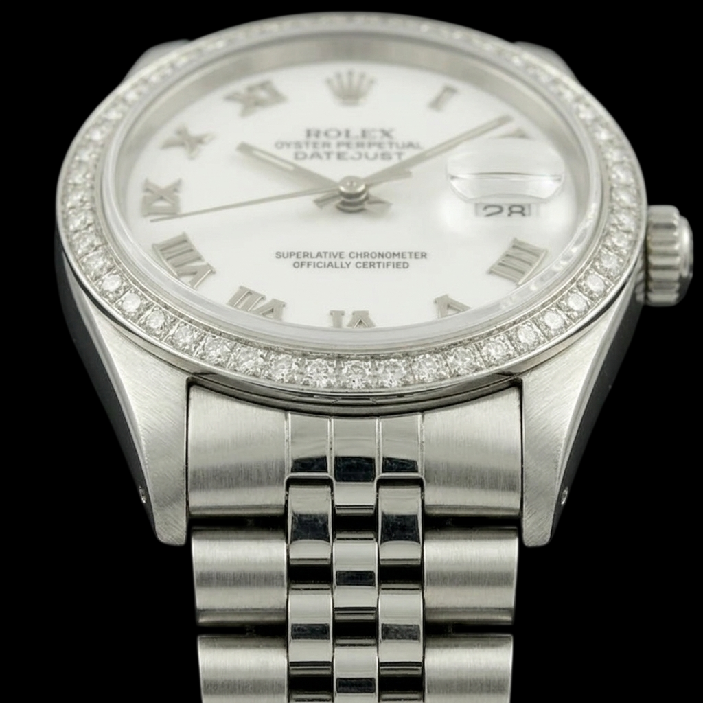 Rolex Date just Weiß Mop römisches Zifferblatt, Diamantlünette, Edelstahl-Jubiläumsarmband, SCHNELLES SET