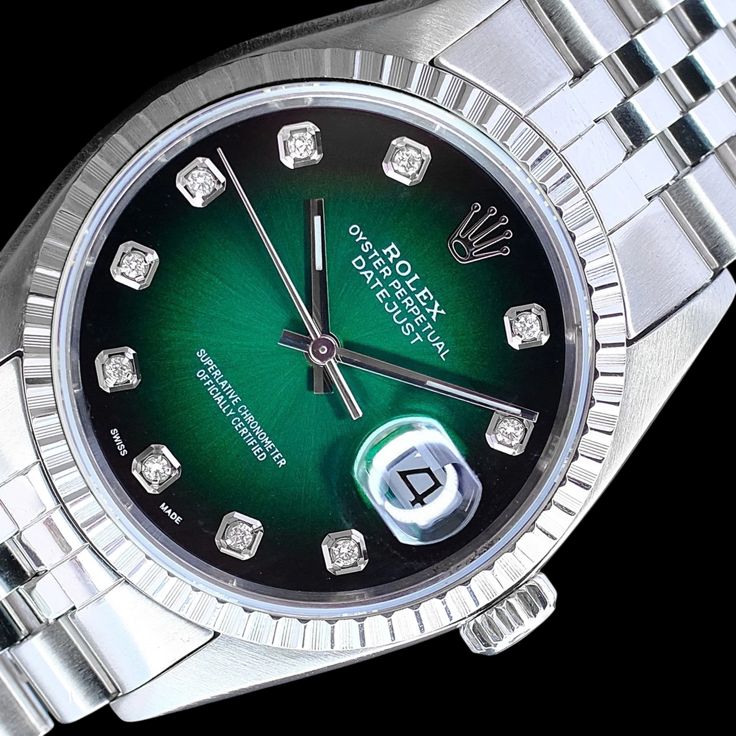 Rolex Datejust 36 mm Edelstahluhr mit grünem Diamantzifferblatt