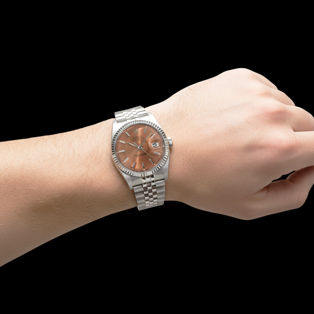 Rolex Datejust 36 mm Edelstahluhr mit lachsfarbenem Stabzifferblatt