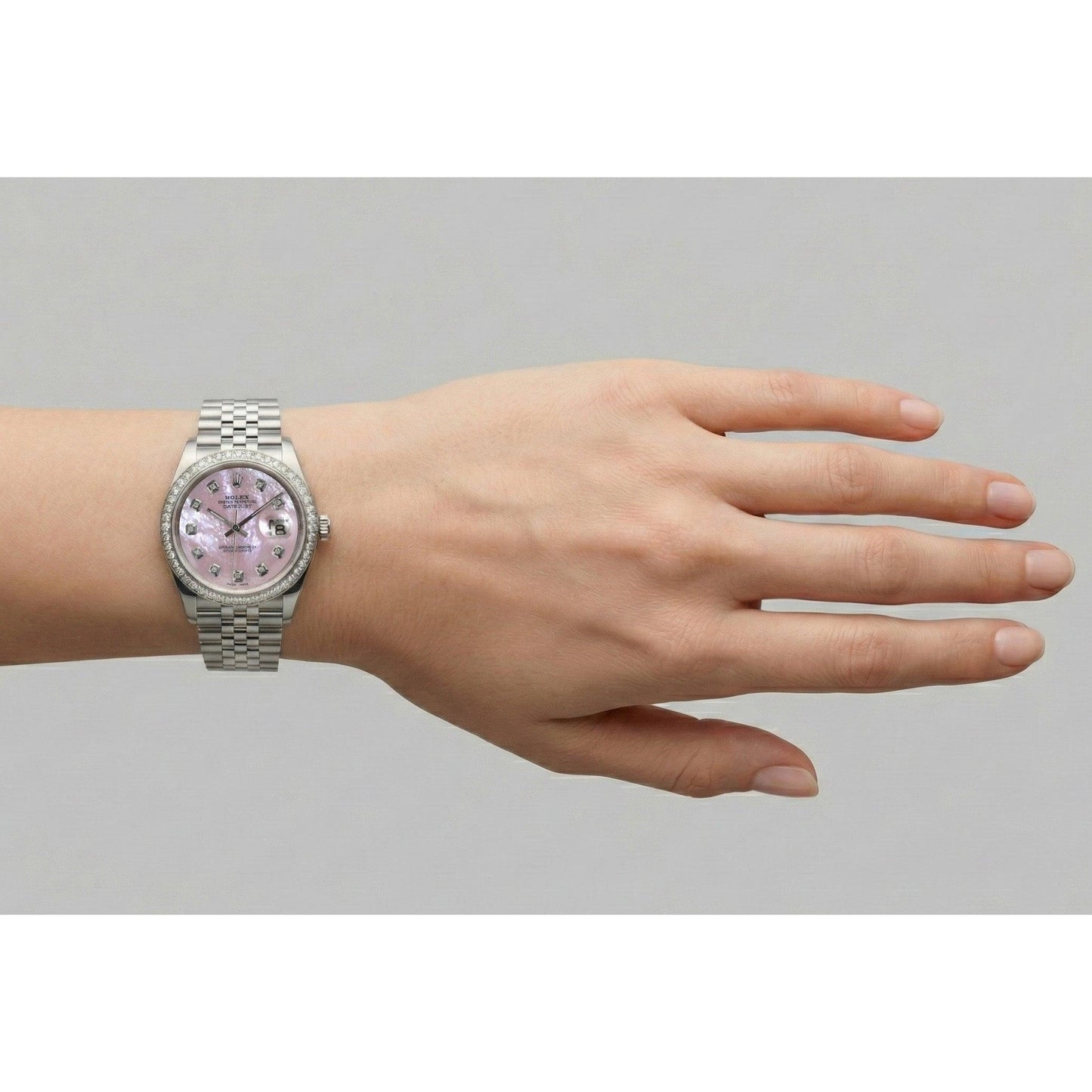 Rolex Datejust 36 mm Edelstahluhr mit rosa Perlmutt-Diamant-Zifferblatt
