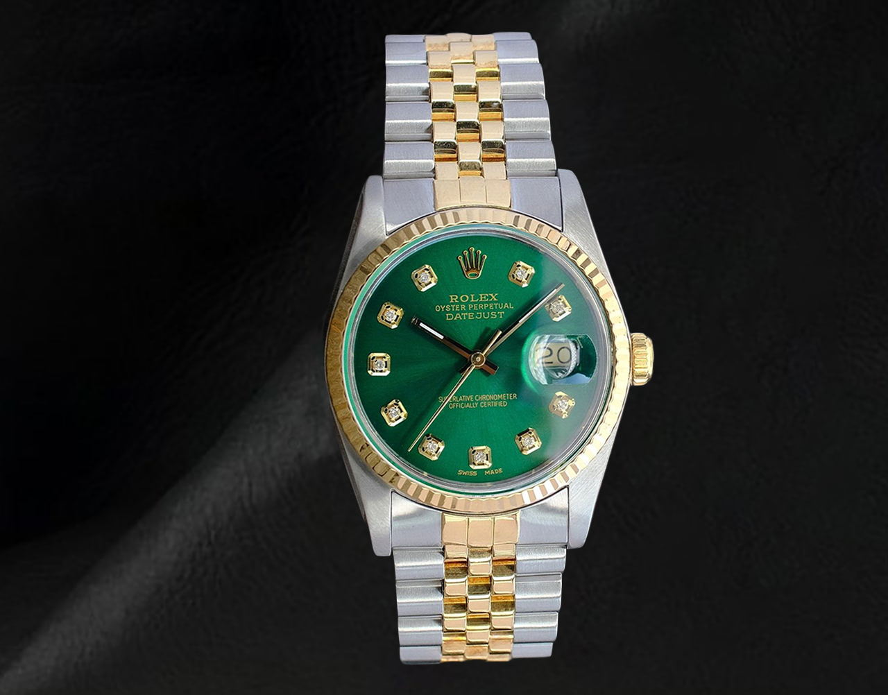 Rolex Datejust 36 mm, zweifarbige Uhr mit grünem Diamantzifferblatt