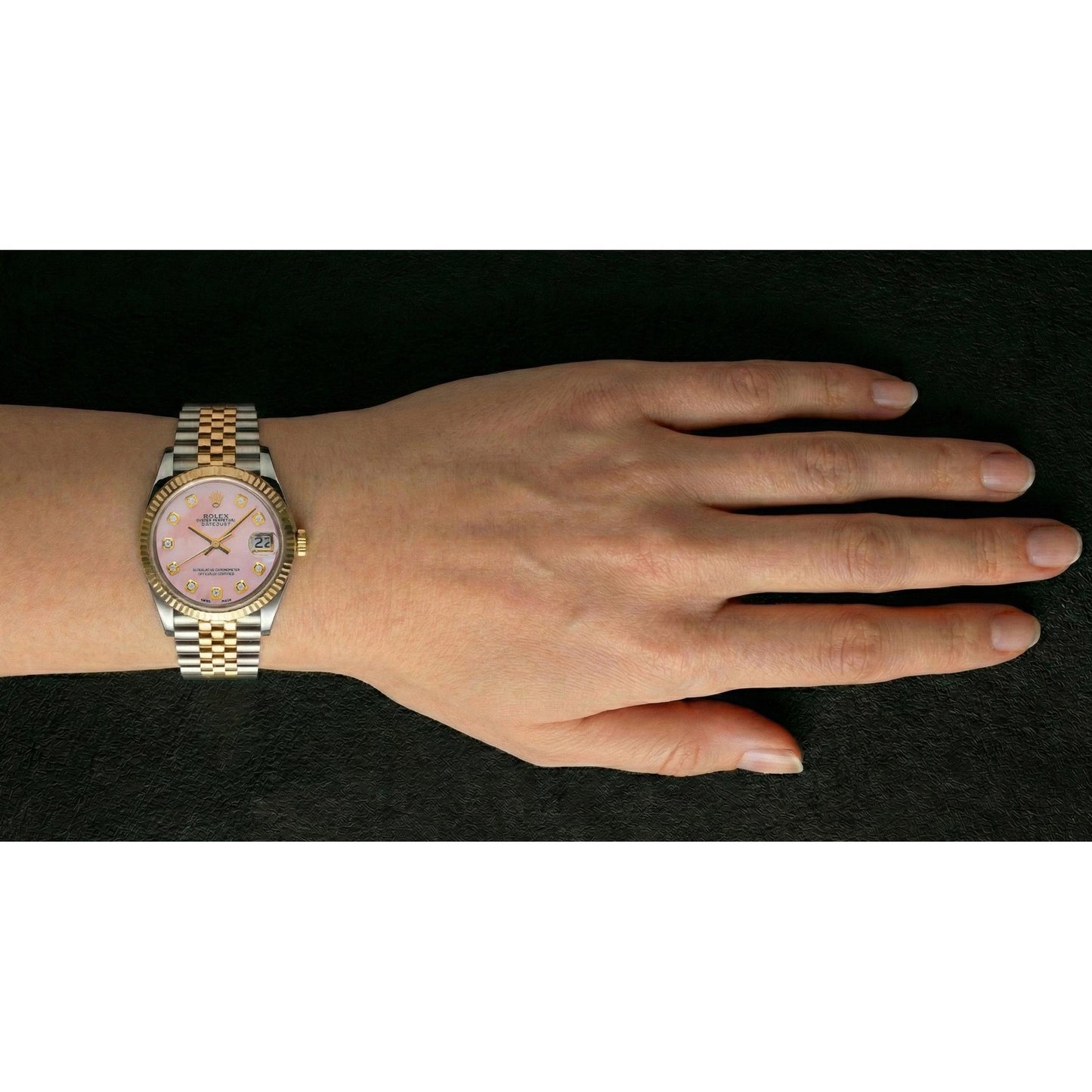Rolex Datejust 36 mm, zweifarbige Uhr mit rosa Perlmutt-Zifferblatt und Diamanten