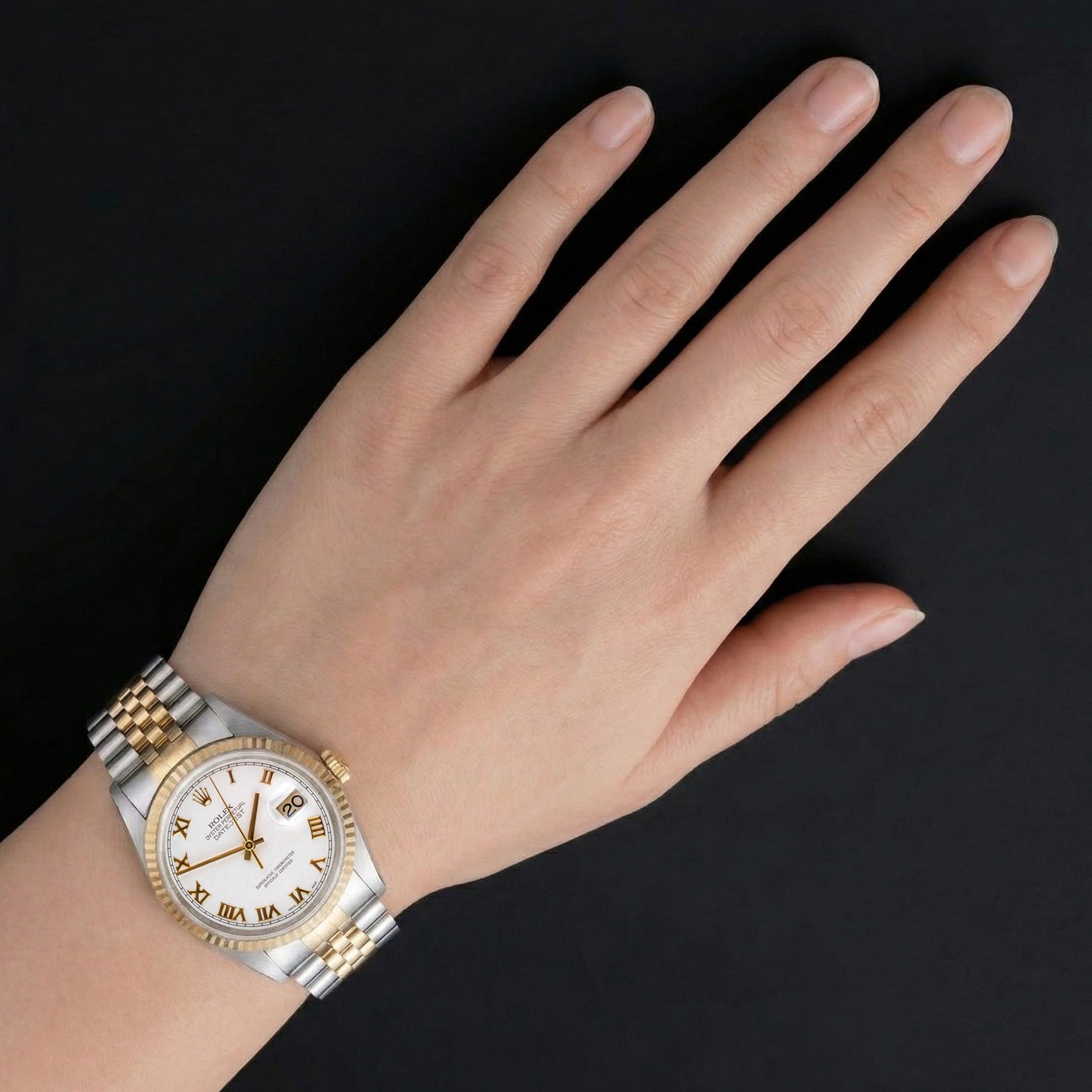 Rolex Datejust Baujahr 2002, weißes römisches Zifferblatt, zweifarbig, 36 mm