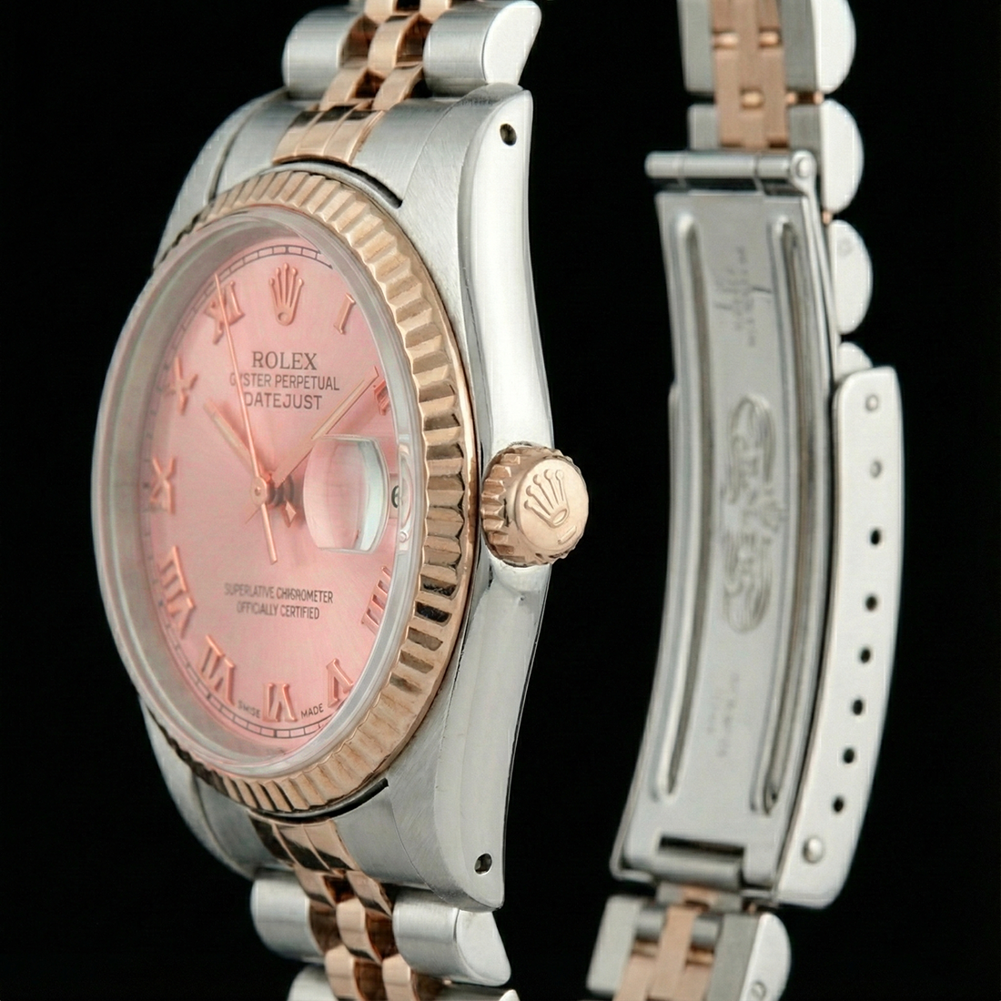 Rolex Datejust Damenuhr aus Edelstahl und Golden mit geriffelter Lünette und römischem Zifferblatt