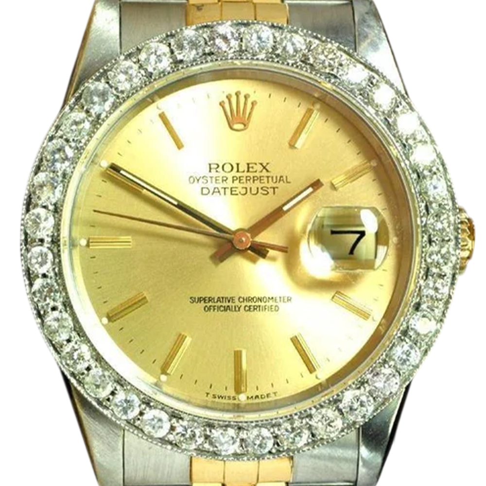 Rolex Datejust Herrenuhr, Diamantlünette, Gold und Edelstahlarmband, SCHNELLES SET