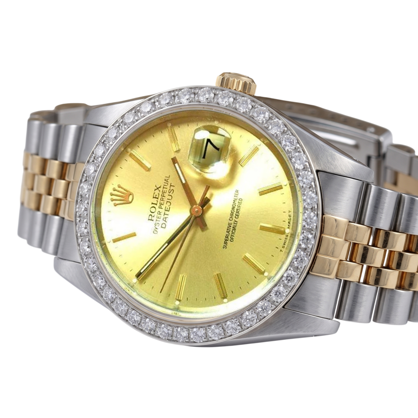 Rolex Datejust Herrenuhr, Diamantlünette, Gold und Edelstahlarmband, SCHNELLES SET