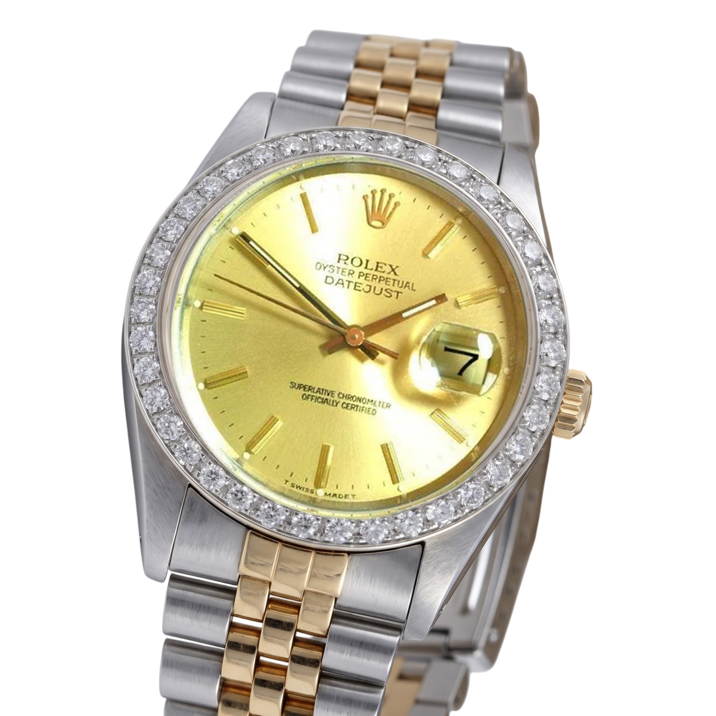 Rolex Datejust Herrenuhr, Diamantlünette, Gold und Edelstahlarmband, SCHNELLES SET
