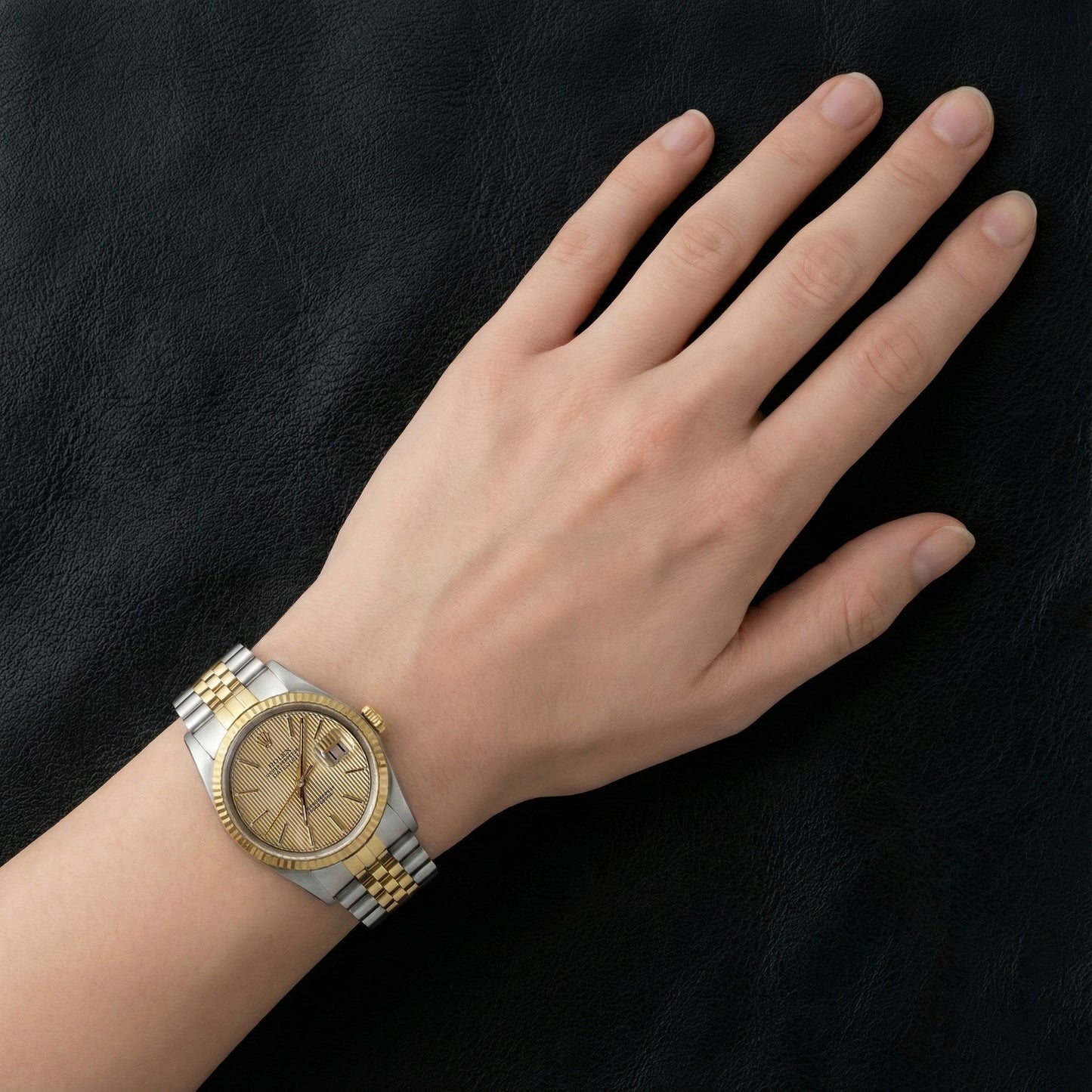 Rolex Datejust Herrenuhr, Jubilee-Armband, Tapisserie-Zifferblatt, Edelstahl und Gold, SCHNELLES SET