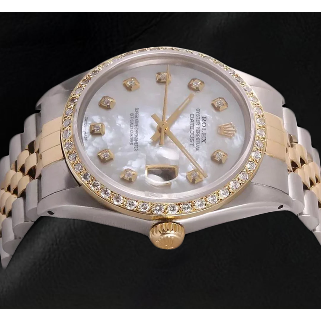 Rolex Datejust Herrenuhr, Perlmutt, Diamant-Zifferblatt, zweifarbig, Schnelleinstellung