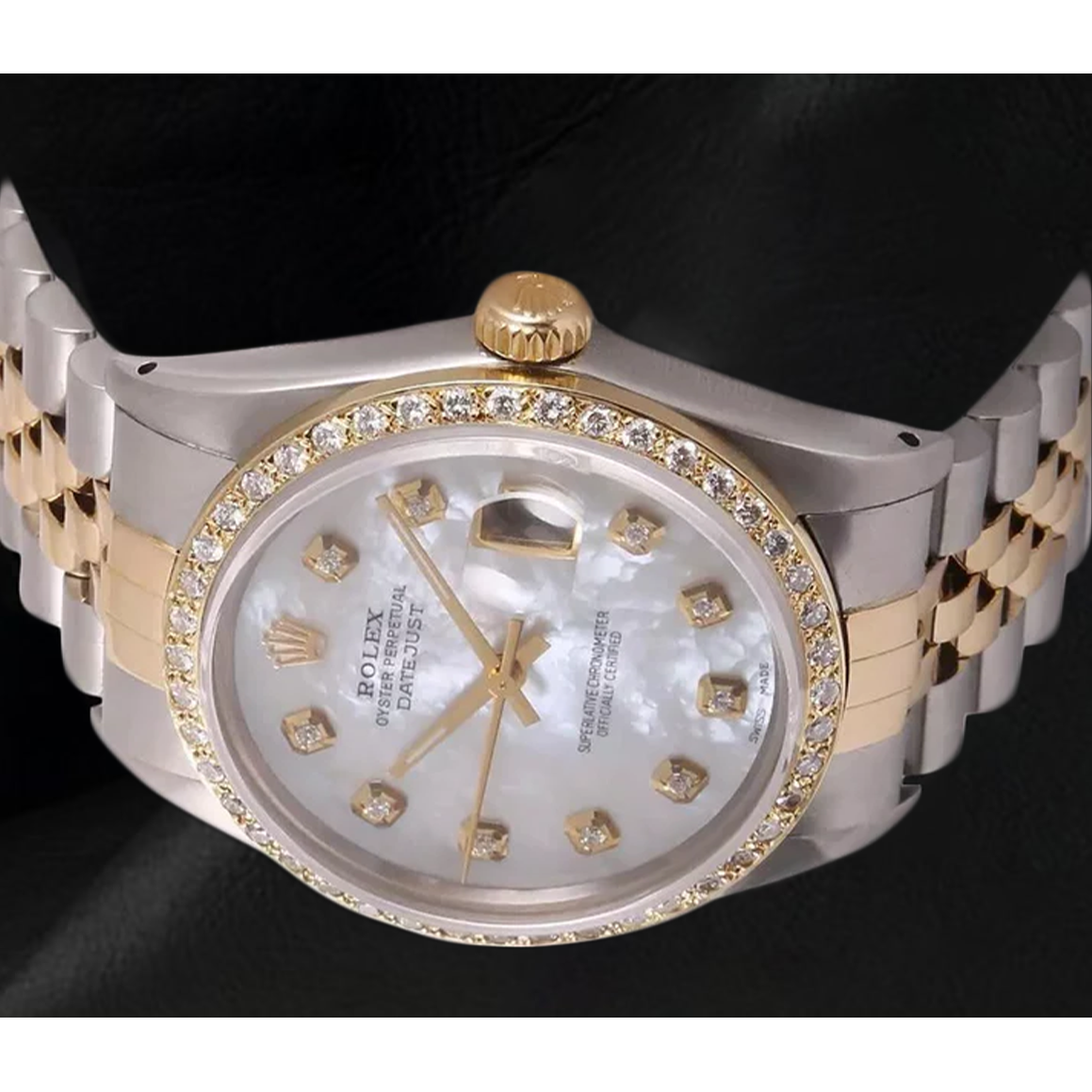 Rolex Datejust Herrenuhr, Perlmutt, Diamant-Zifferblatt, zweifarbig, Schnelleinstellung