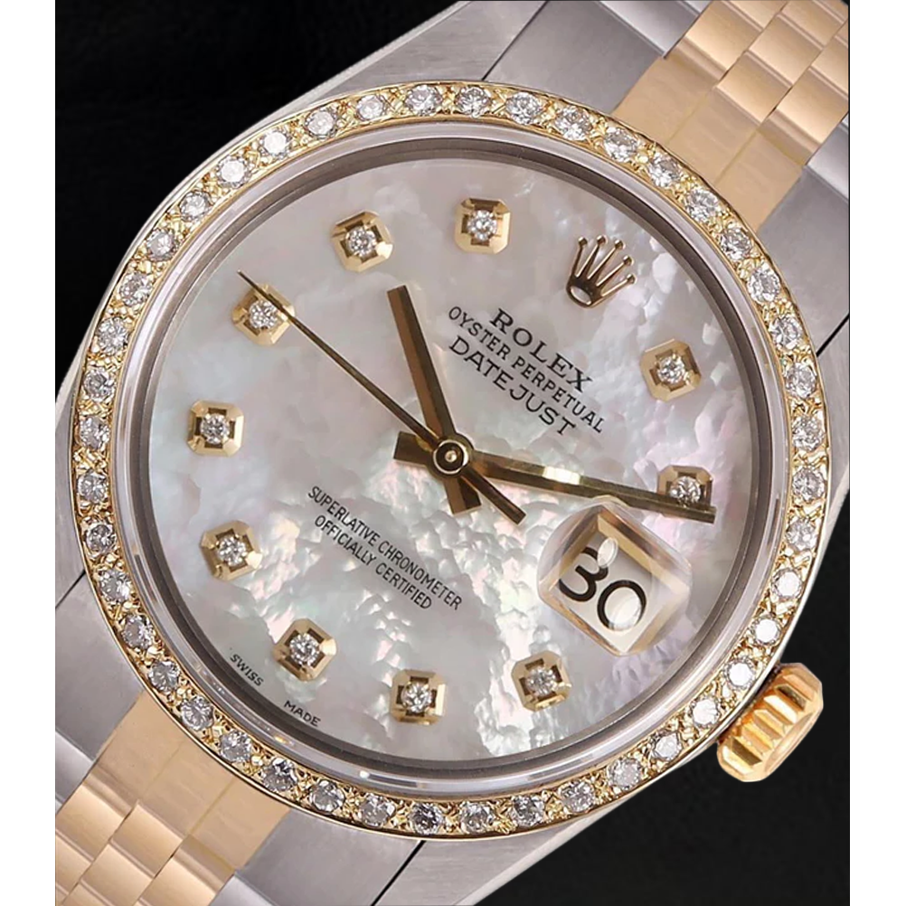 Rolex Datejust Herrenuhr, Perlmutt, Diamant-Zifferblatt, zweifarbig, Schnelleinstellung