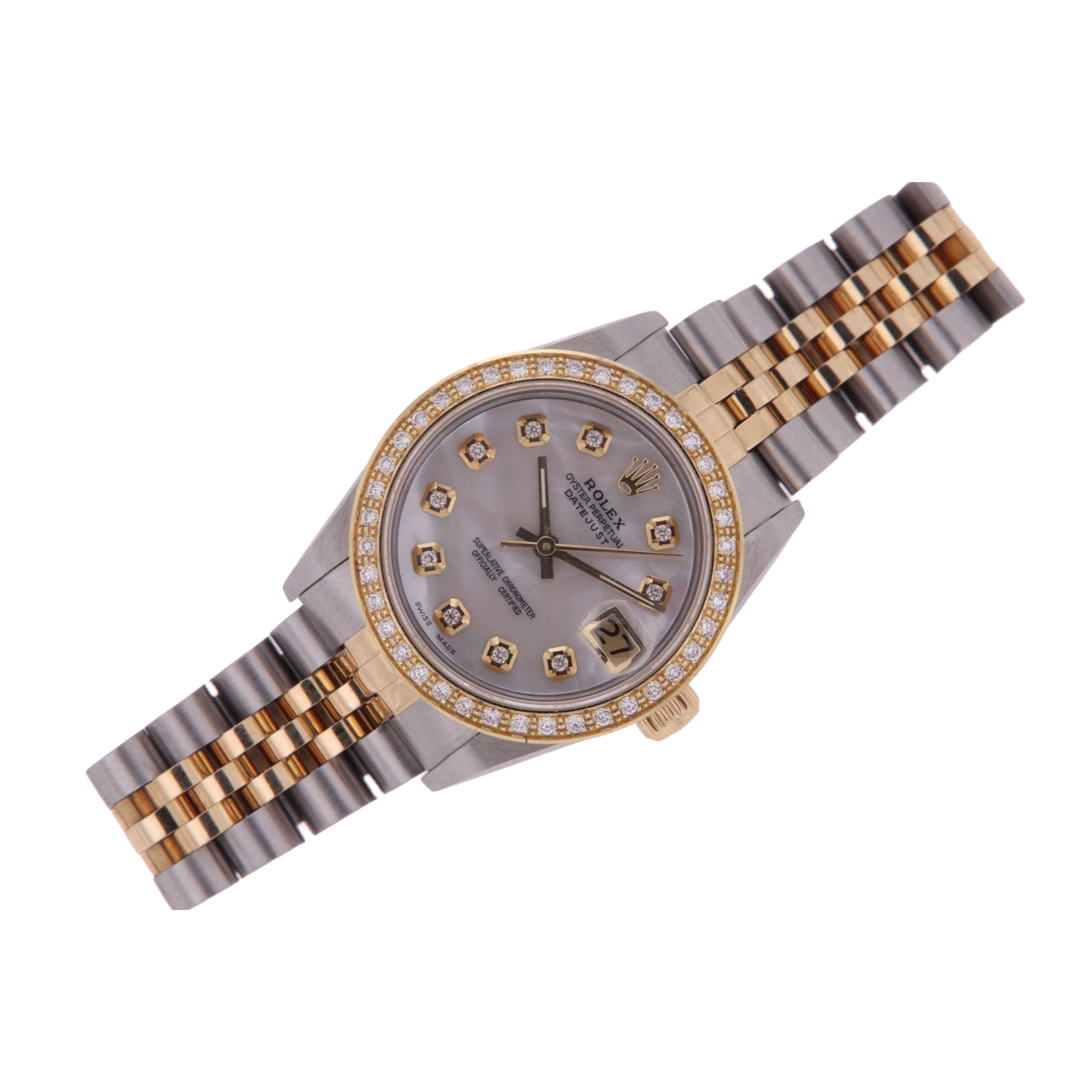 Rolex Datejust Mittelgroß 31 mm weißes Perlmutt-Diamant-Zifferblatt, Diamant-Lünette, Jubiläumsarmbanduhr, Edelstahl und Golden
