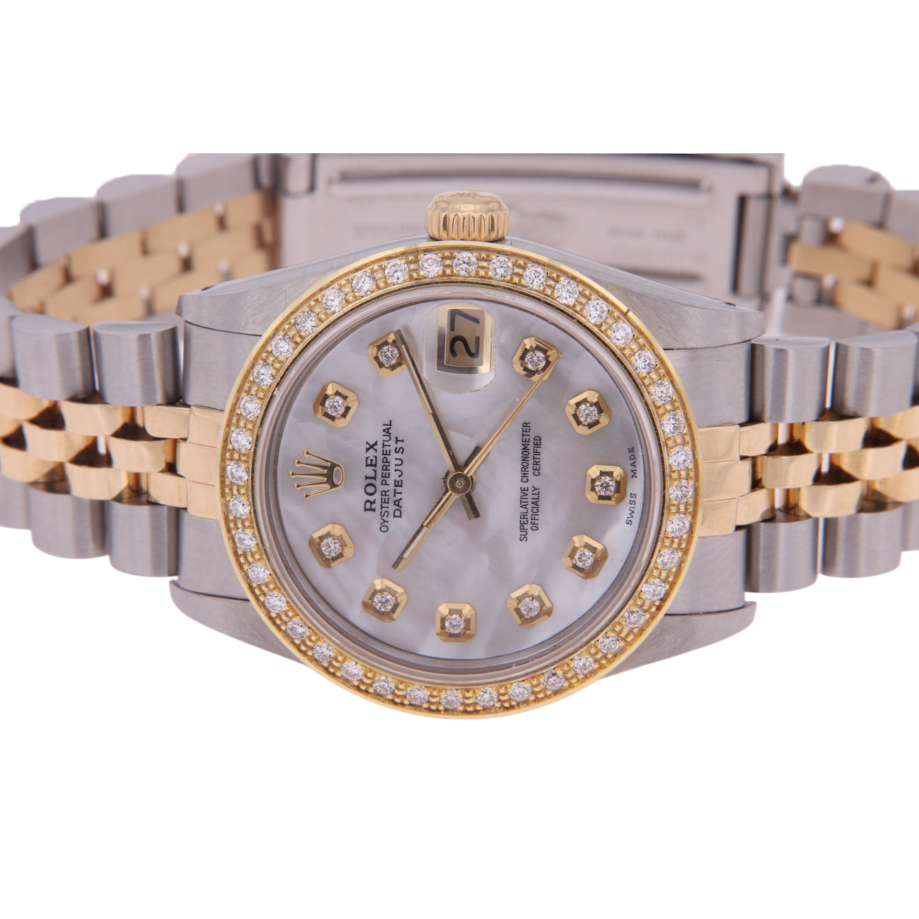 Rolex Datejust Mittelgroß 31 mm weißes Perlmutt-Diamant-Zifferblatt, Diamant-Lünette, Jubiläumsarmbanduhr, Edelstahl und Golden
