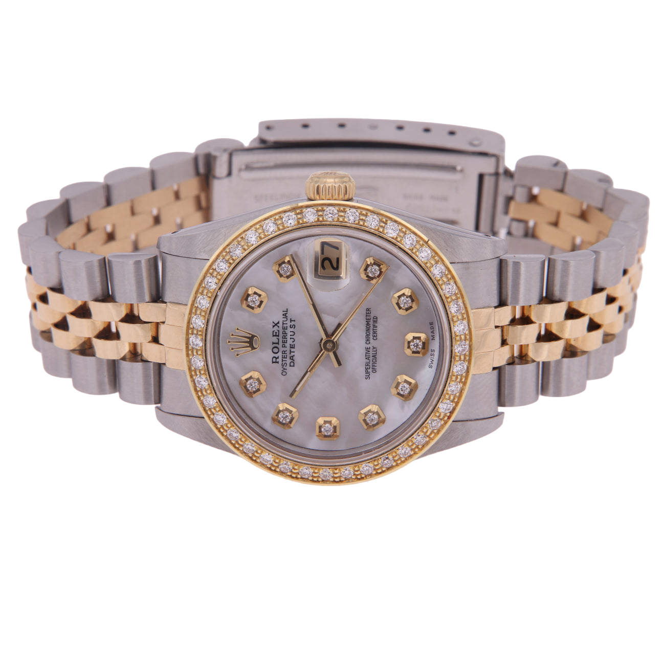 Rolex Datejust Mittelgroß 31 mm weißes Perlmutt-Diamant-Zifferblatt, Diamant-Lünette, Jubiläumsarmbanduhr, Edelstahl und Golden