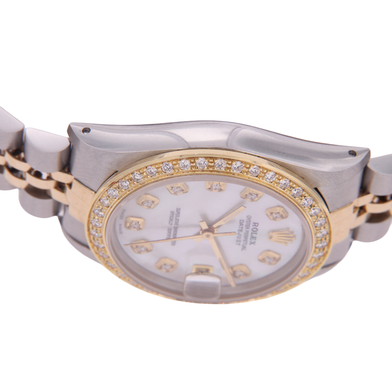 Rolex Datejust Mittelgroß 31 mm weißes Perlmutt-Diamant-Zifferblatt, Diamant-Lünette, Jubiläumsarmbanduhr, Edelstahl und Golden