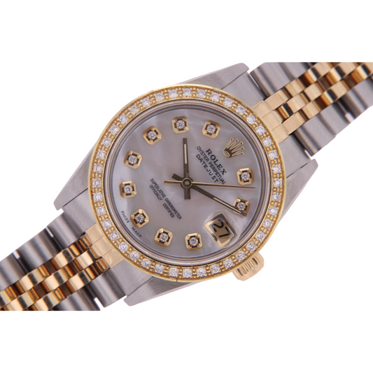 Rolex Datejust Mittelgroß 31 mm weißes Perlmutt-Diamant-Zifferblatt, Diamant-Lünette, Jubiläumsarmbanduhr, Edelstahl und Golden