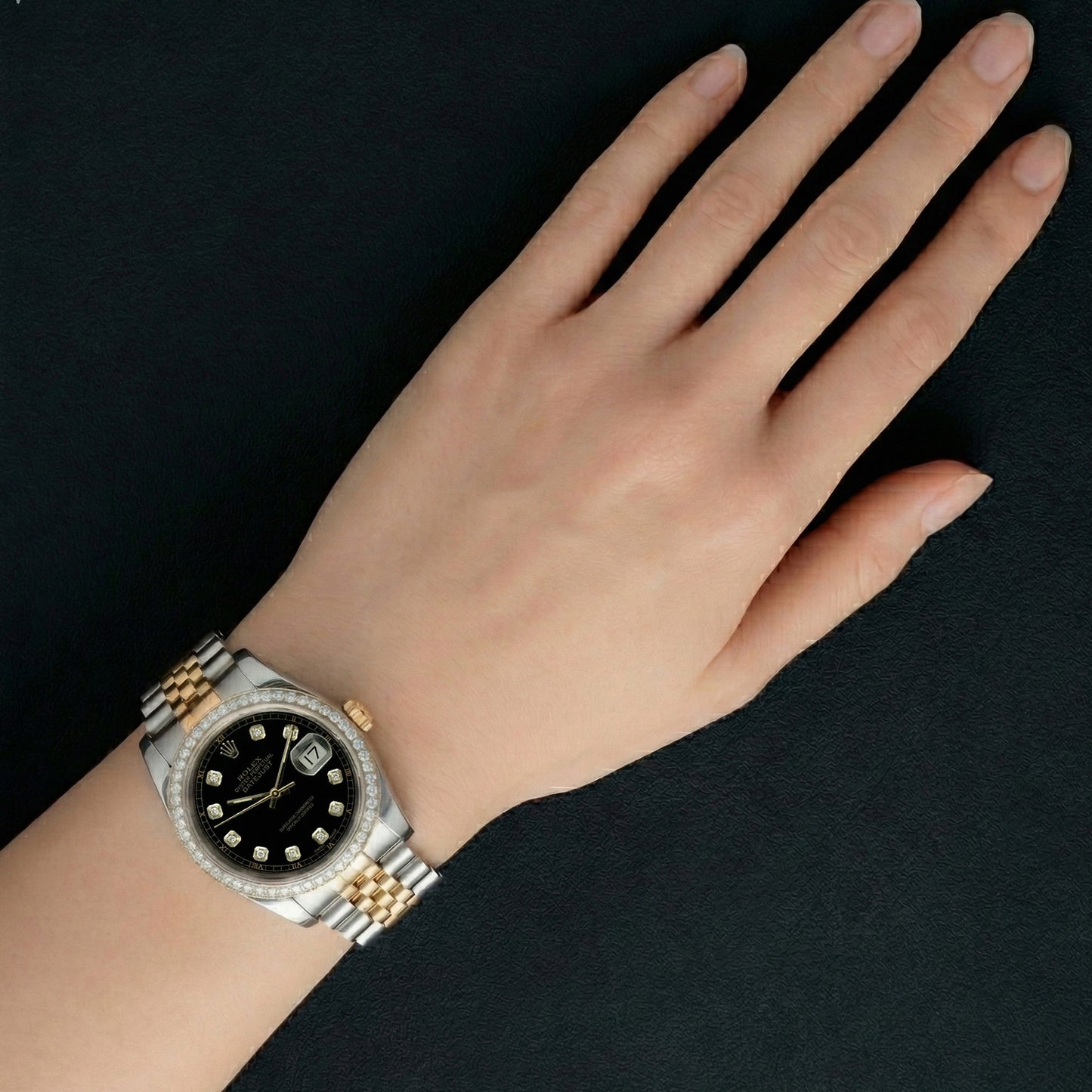 Rolex Datejust SCHNELLES EINSTELLEN Keine Löcher Diamant-Lünette, schwarzes Zifferblatt, Edelstahl-Armband