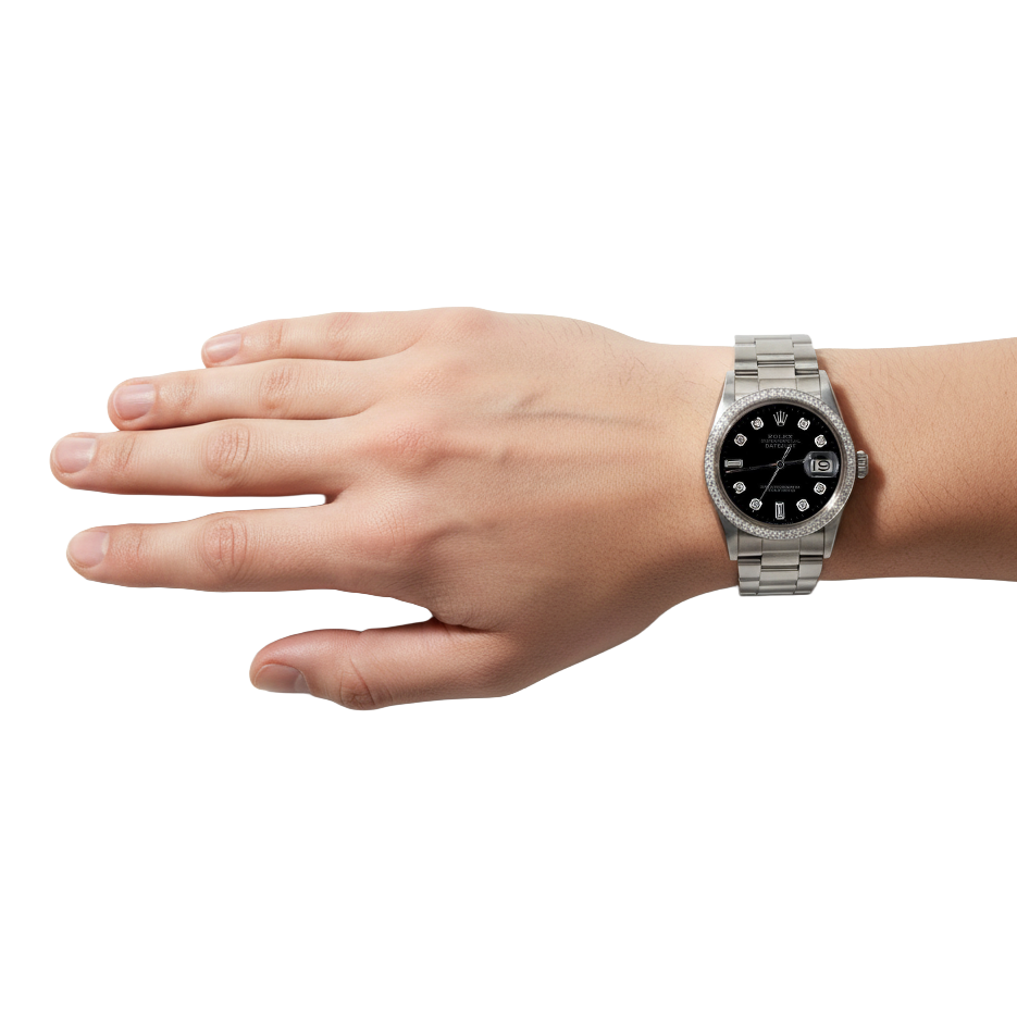 Rolex Datejust Uhr, schwarzes Diamant-Zifferblatt, Edelstahlarmband