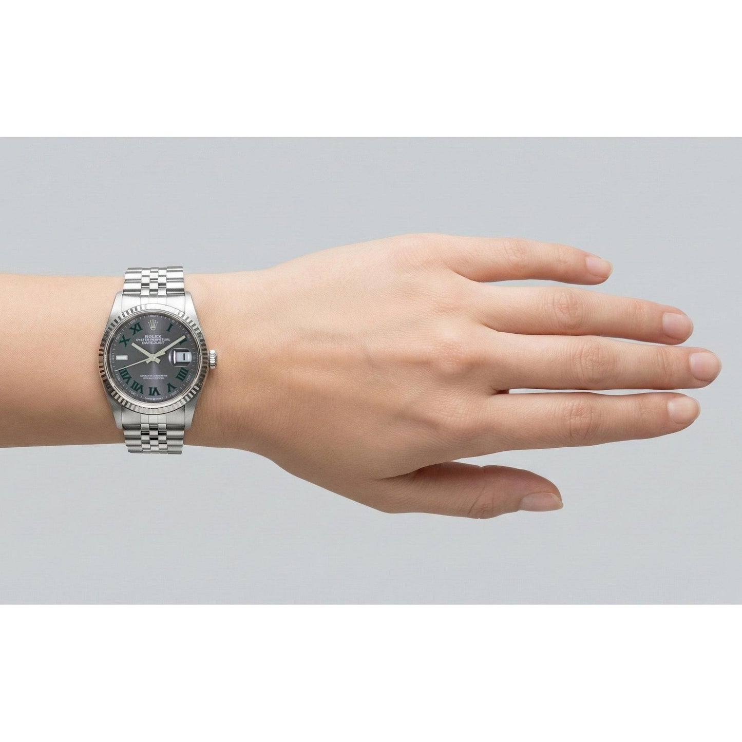 Rolex Datejust – Graue Wimbledon-Uhr mit römischem Zifferblatt, 36 mm, Edelstahl