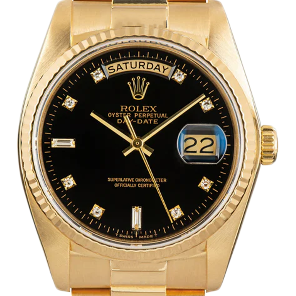 Rolex Day-Date 36 mm Herrenuhr Rinden-Finish Gelbgold 18K Schwarz