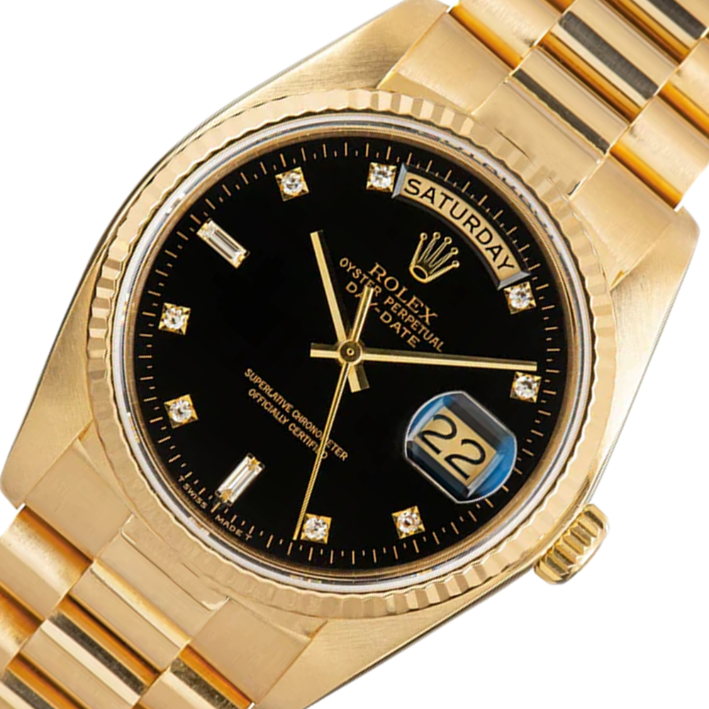 Rolex Day-Date 36 mm Herrenuhr Rinden-Finish Gelbgold 18K Schwarz