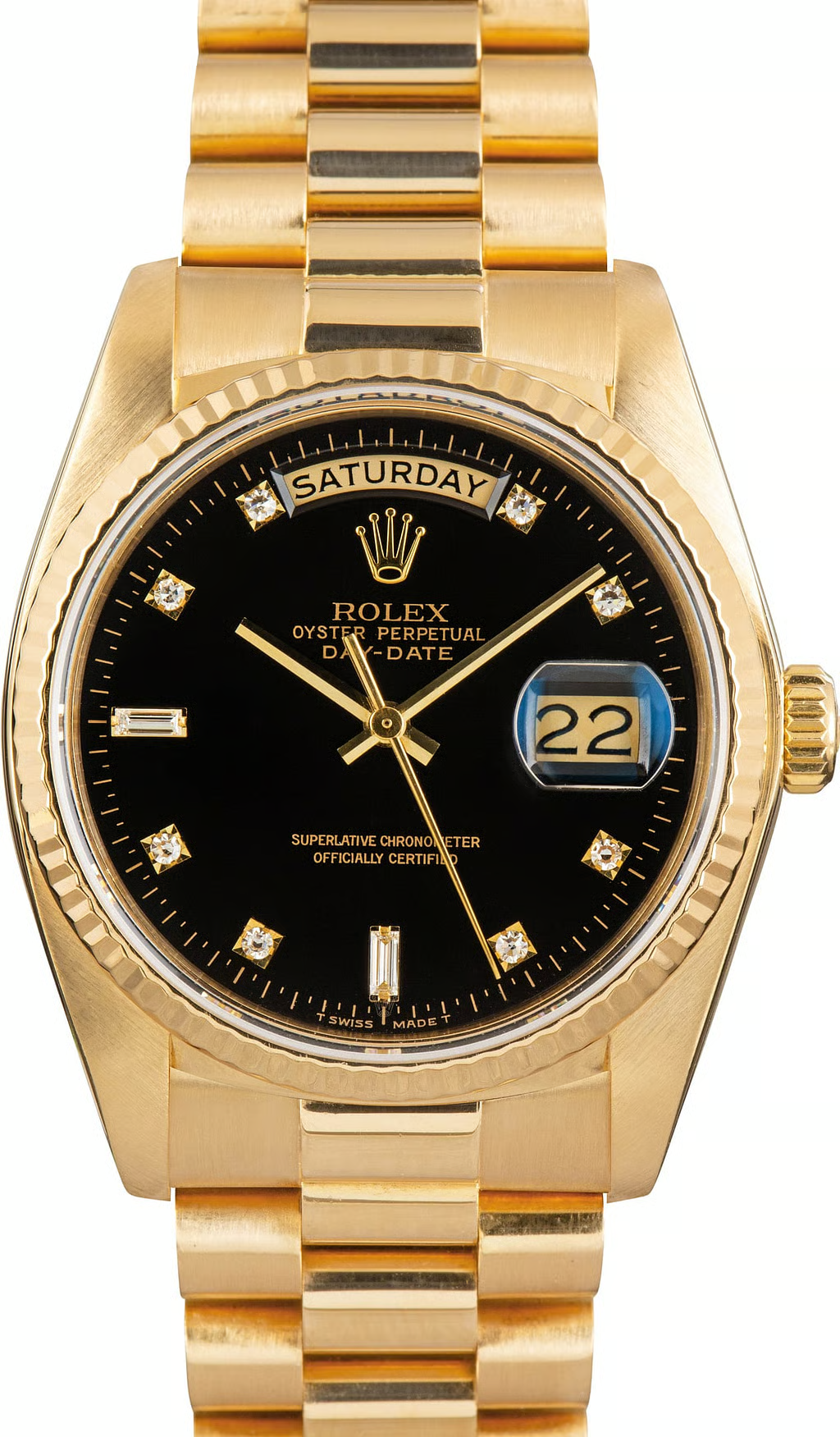 Rolex Day-Date 36 mm Herrenuhr Rinden-Finish Gelbgold 18K Schwarz