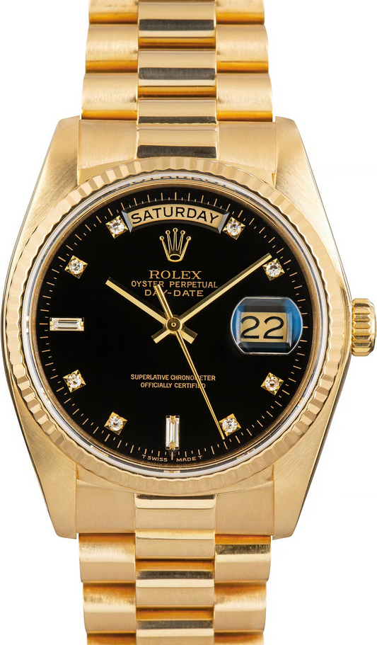 Rolex Day-Date 36 mm Herrenuhr Rinden-Finish Gelbgold 18K Schwarz