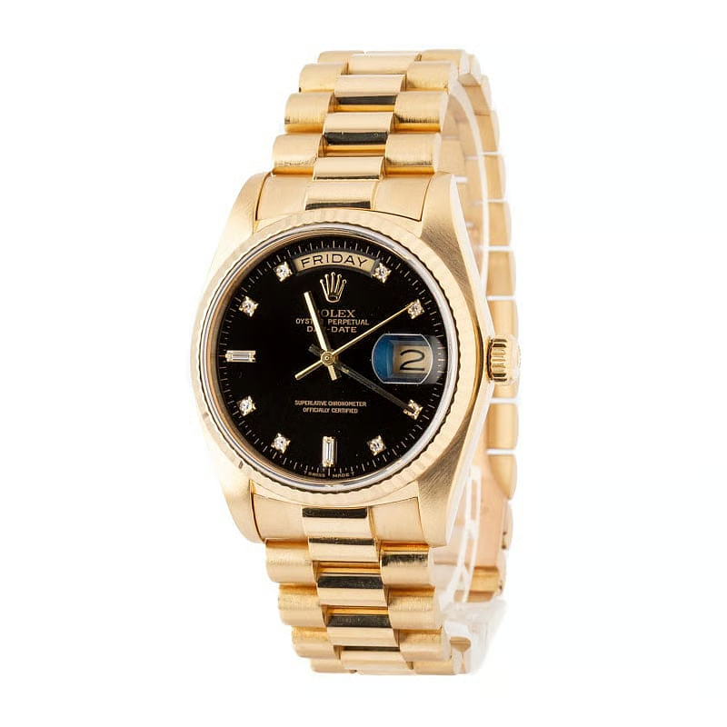 Rolex Day-Date 36 mm Herrenuhr Rinden-Finish Gelbgold 18K Schwarz