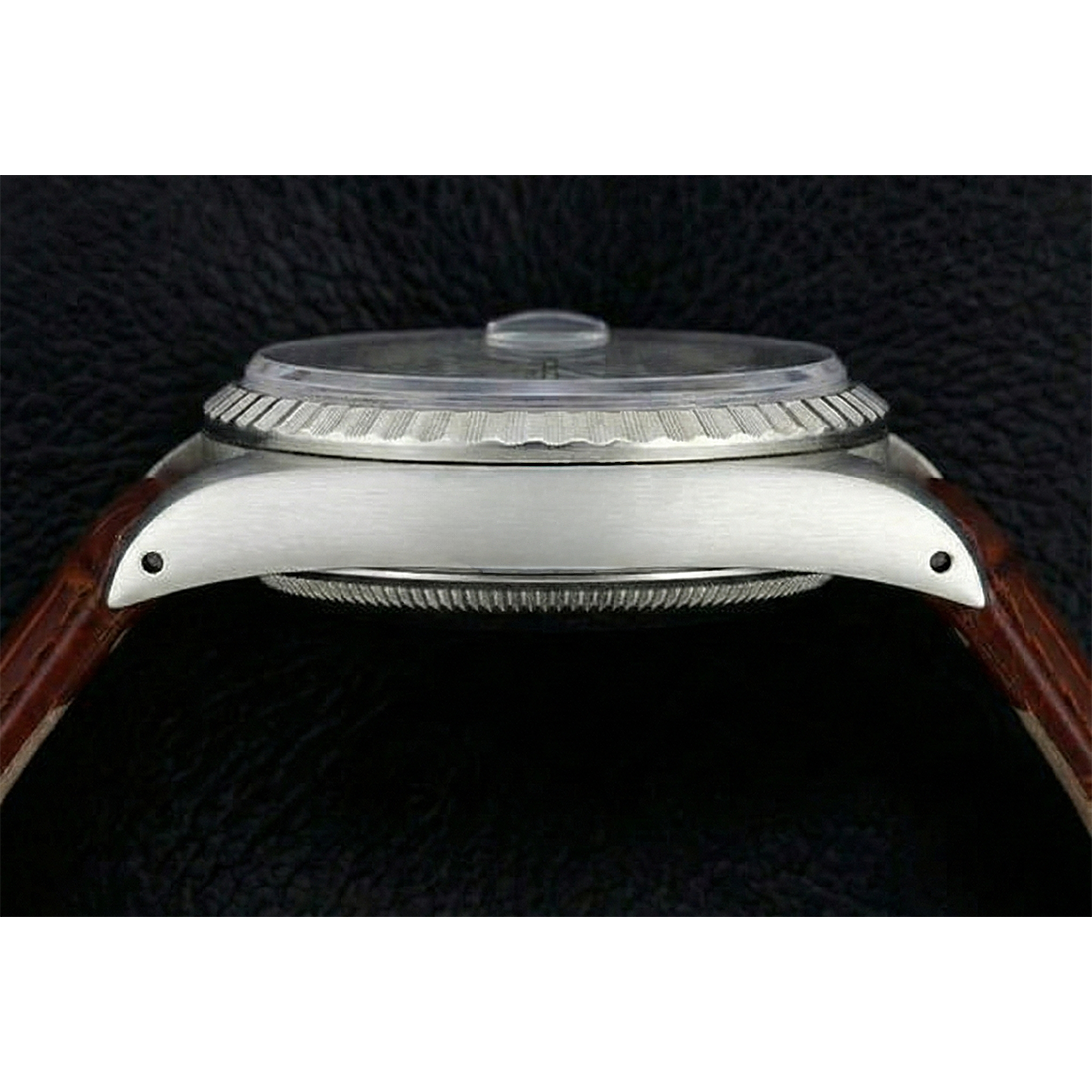 Rolex Edelstahl Herrenuhr mit geriffelter Lünette, Datum, nur braunes Lederband, SCHNELLES SET