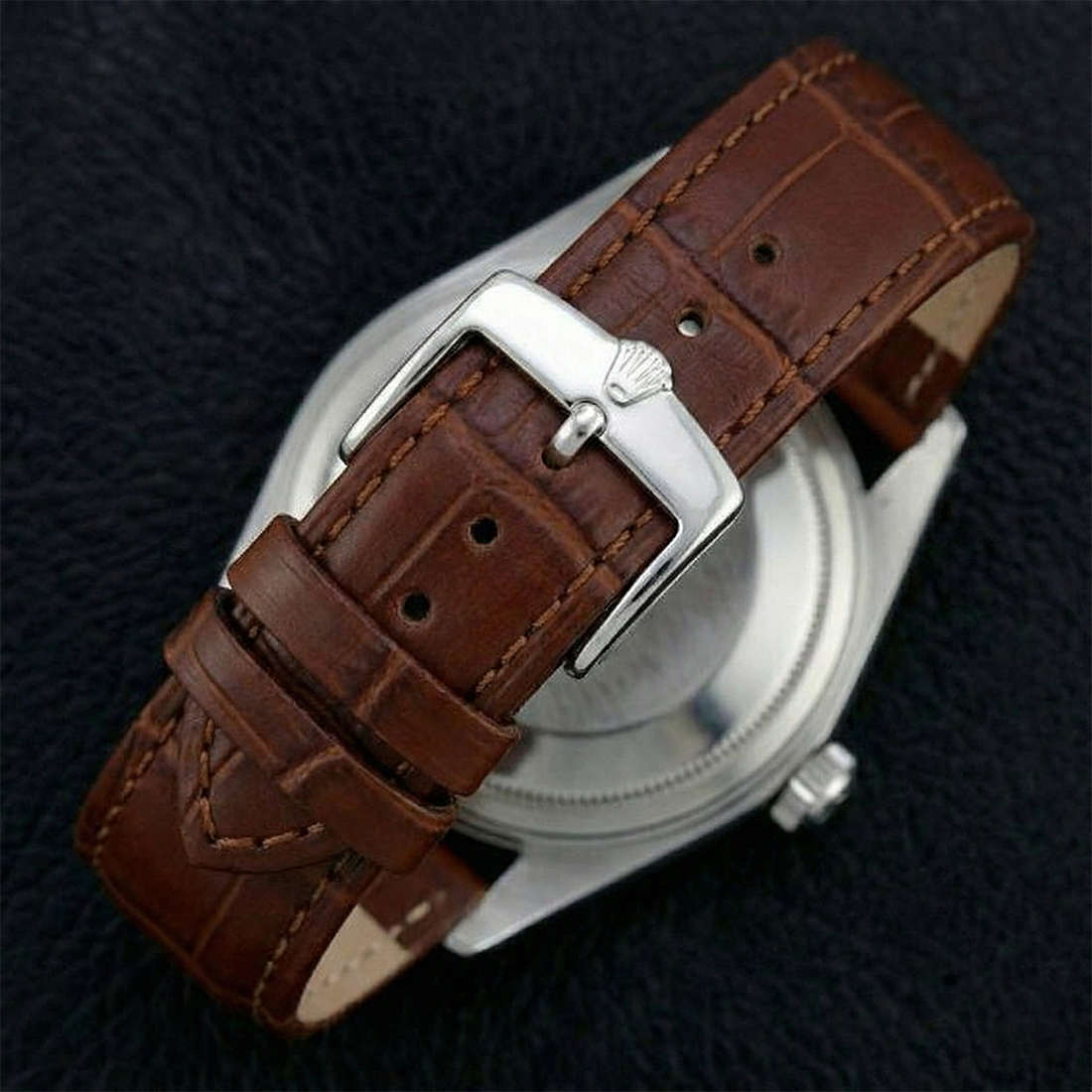 Rolex Edelstahl Herrenuhr mit geriffelter Lünette, Datum, nur braunes Lederband, SCHNELLES SET