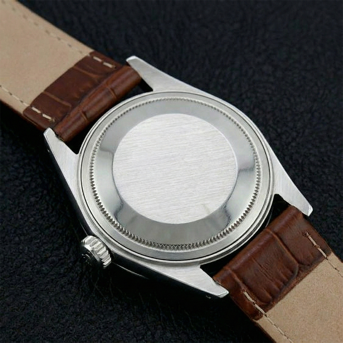 Rolex Edelstahl Herrenuhr mit geriffelter Lünette, Datum, nur braunes Lederband, SCHNELLES SET