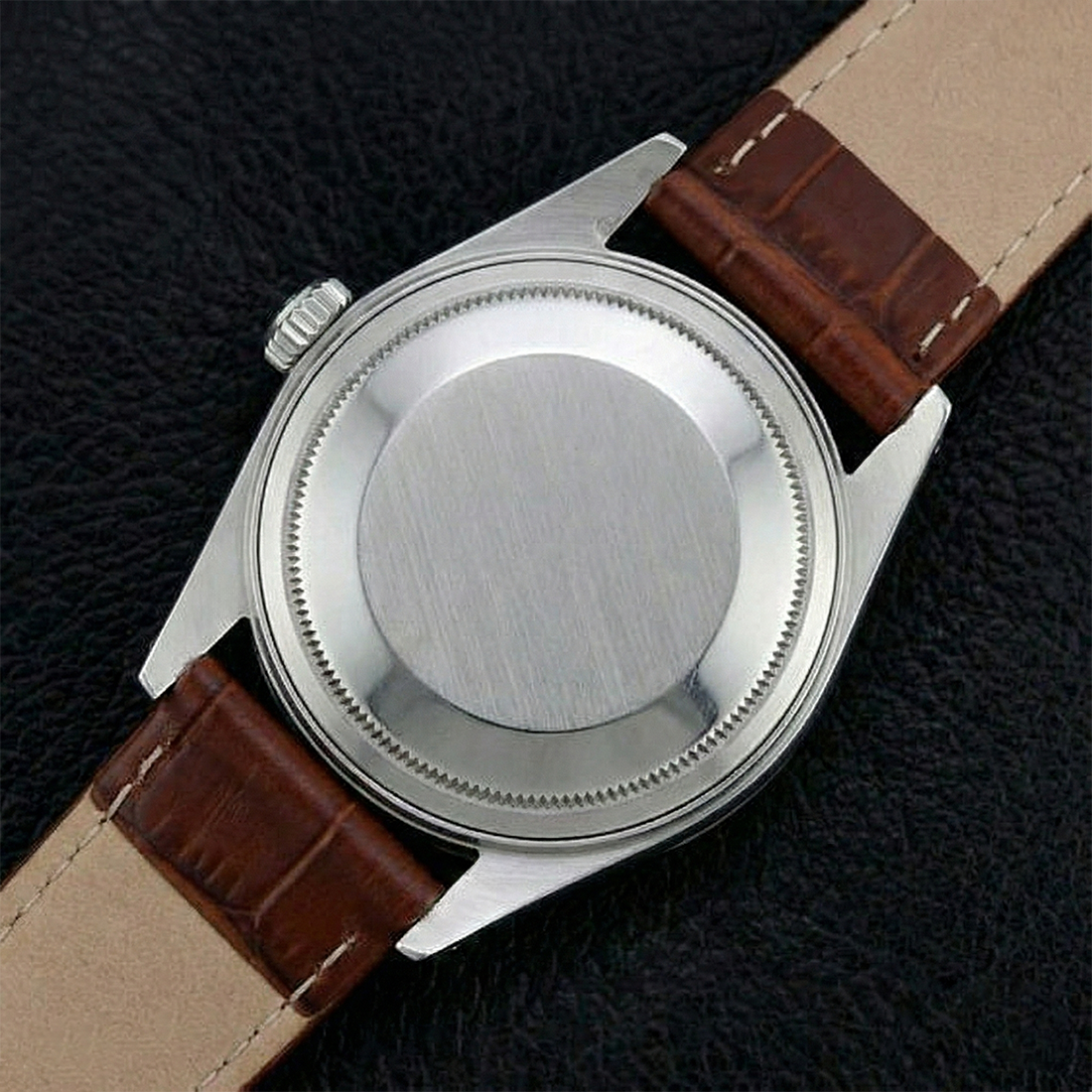 Rolex Edelstahl Herrenuhr mit geriffelter Lünette, Datum, nur braunes Lederband, SCHNELLES SET