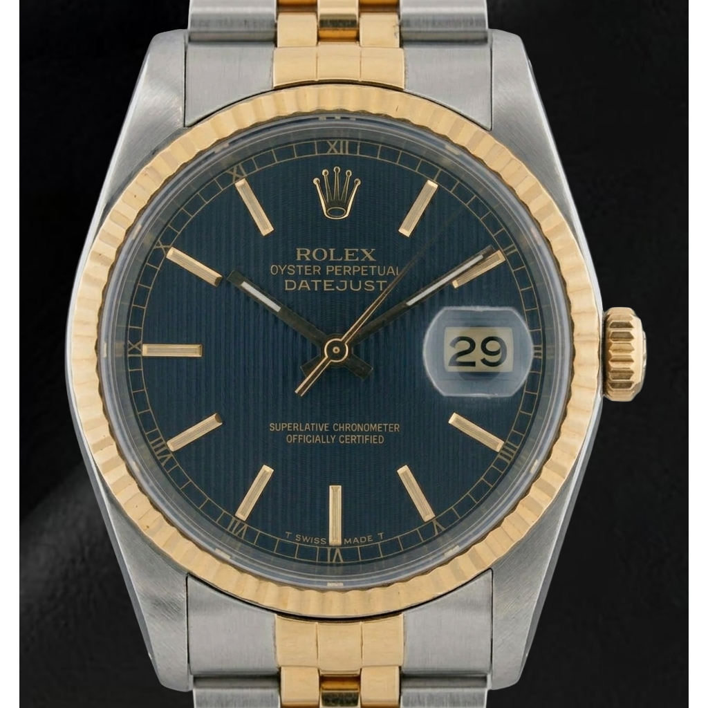 Rolex Herrenuhr aus Edelstahl und Gold mit blauem Zifferblatt und Schnellschaltung