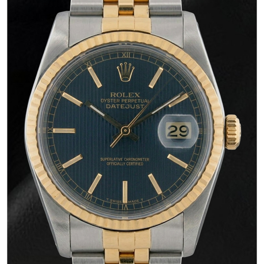 Rolex Herrenuhr aus Edelstahl und Gold mit blauem Zifferblatt und Schnellschaltung