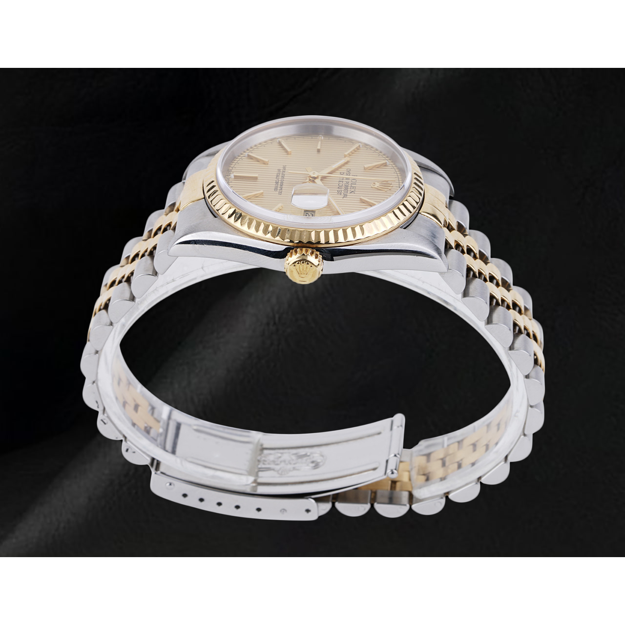Rolex Herrenuhr, elfenbeinfarbenes Stick-Zifferblatt, Datejust, zweifarbig, Gold und Edelstahl, Schnelleinstellung