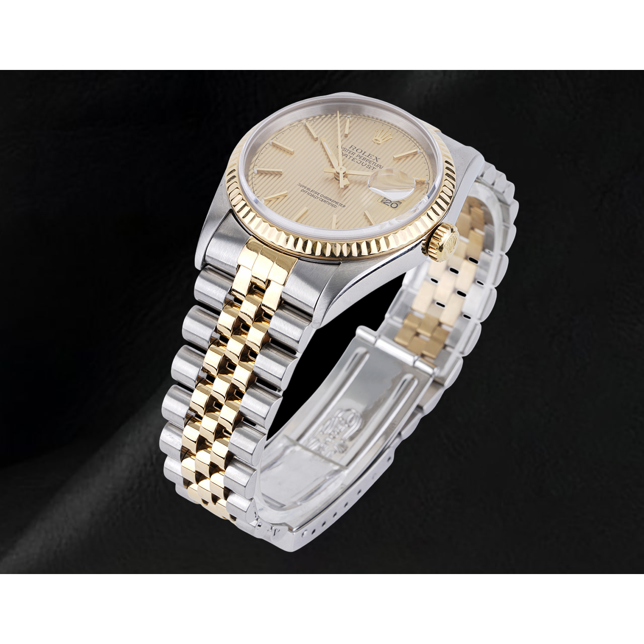Rolex Herrenuhr, elfenbeinfarbenes Stick-Zifferblatt, Datejust, zweifarbig, Gold und Edelstahl, Schnelleinstellung