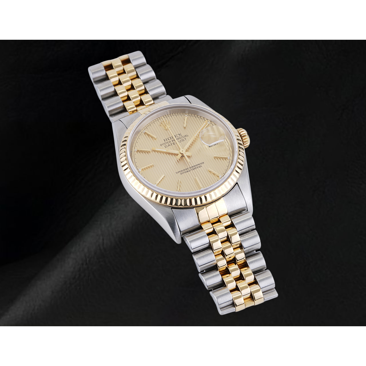 Rolex Herrenuhr, elfenbeinfarbenes Stick-Zifferblatt, Datejust, zweifarbig, Gold und Edelstahl, Schnelleinstellung