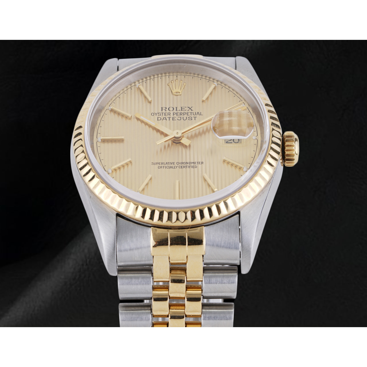 Rolex Herrenuhr, elfenbeinfarbenes Stick-Zifferblatt, Datejust, zweifarbig, Gold und Edelstahl, Schnelleinstellung