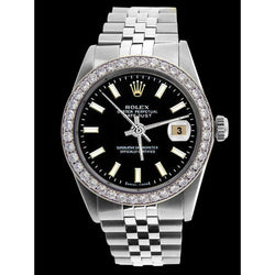 Rolex-Herrenuhr mit Diamantlünette, schwarzes Stock-Zifferblatt, Edelstahl-Jubiläumsarmband, schnell eingestellt