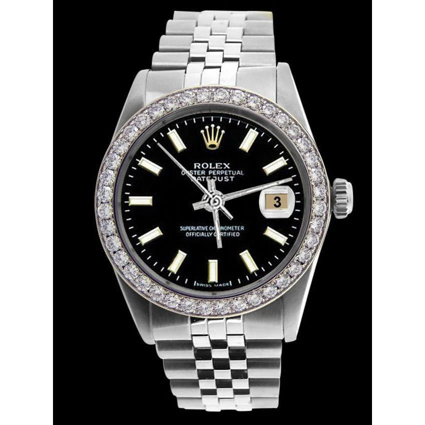 Rolex-Herrenuhr mit Diamantlünette, schwarzes Stock-Zifferblatt, Edelstahl-Jubiläumsarmband, schnell eingestellt