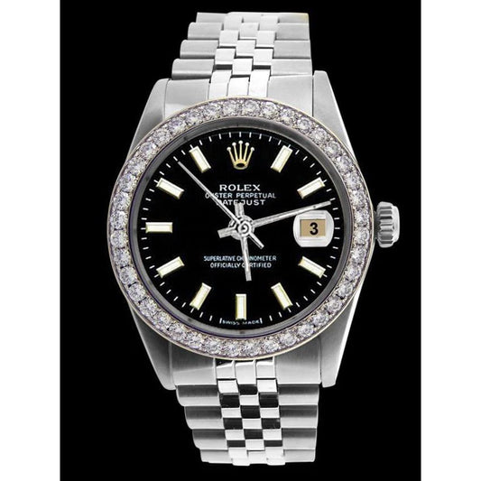 Rolex-Herrenuhr mit Diamantlünette, schwarzes Stock-Zifferblatt, Edelstahl-Jubiläumsarmband, schnell eingestellt