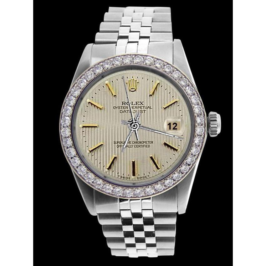Rolex-Herrenuhr mit weißem Stick-Zifferblatt, Edelstahl-Armband und Diamant-Lünette. SCHNELLES SET
