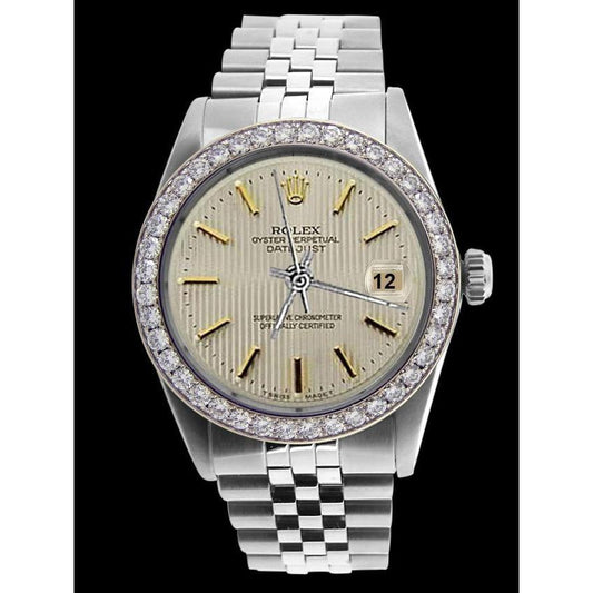Rolex-Herrenuhr mit weißem Stick-Zifferblatt, Edelstahl-Armband und Diamant-Lünette. SCHNELLES SET

