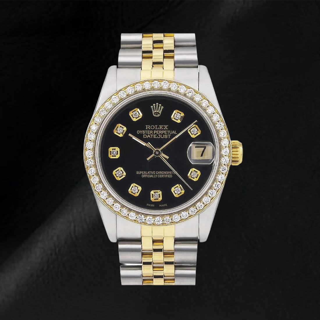 Rolex Mittelgroß-Datejust-Diamantuhr, schwarzes mittelgroßes Diamant-Zifferblatt