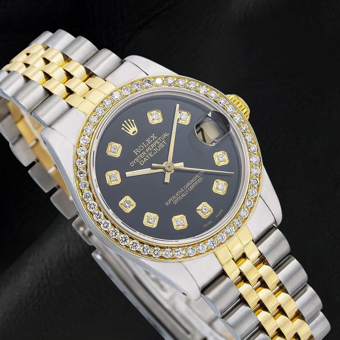 Rolex Mittelgroß-Datejust-Diamantuhr, schwarzes mittelgroßes Diamant-Zifferblatt