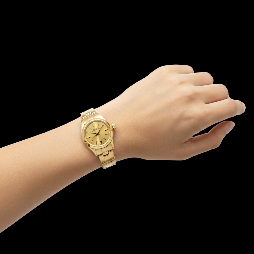 Rolex Oyster Perpetual 24 mm Champagner Stabzifferblatt Uhr Gelbgold Oyster Armband