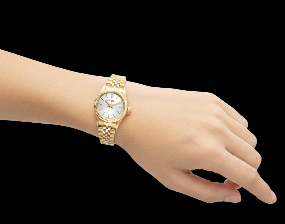 Rolex Oyster Perpetual Damenuhr aus Gelbgold mit silbernem Stabzifferblatt, 24 mm