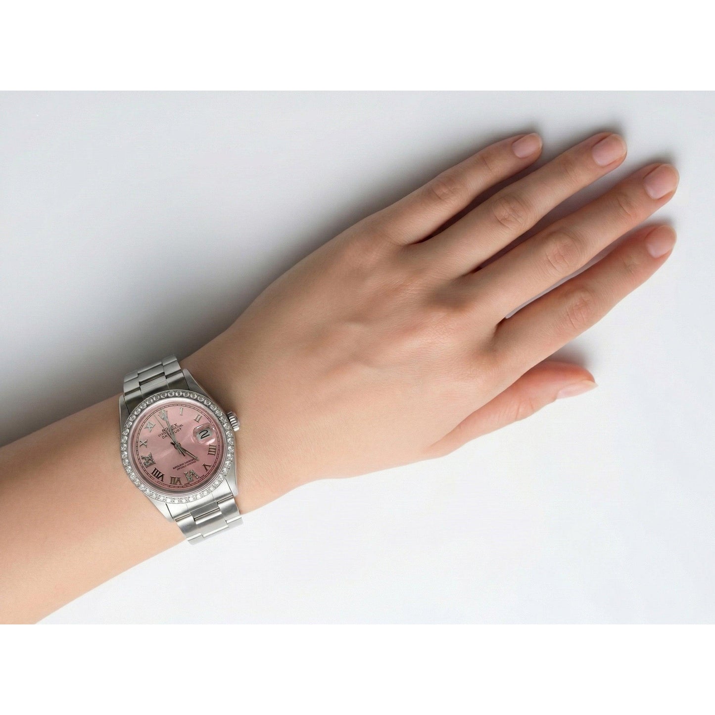 Rolex SCHNELLES SETZEN Herrenuhr mit rosa römischem Zifferblatt, Diamantlünette und Auster-Armband, 36 mm SCHNELLES SETZEN