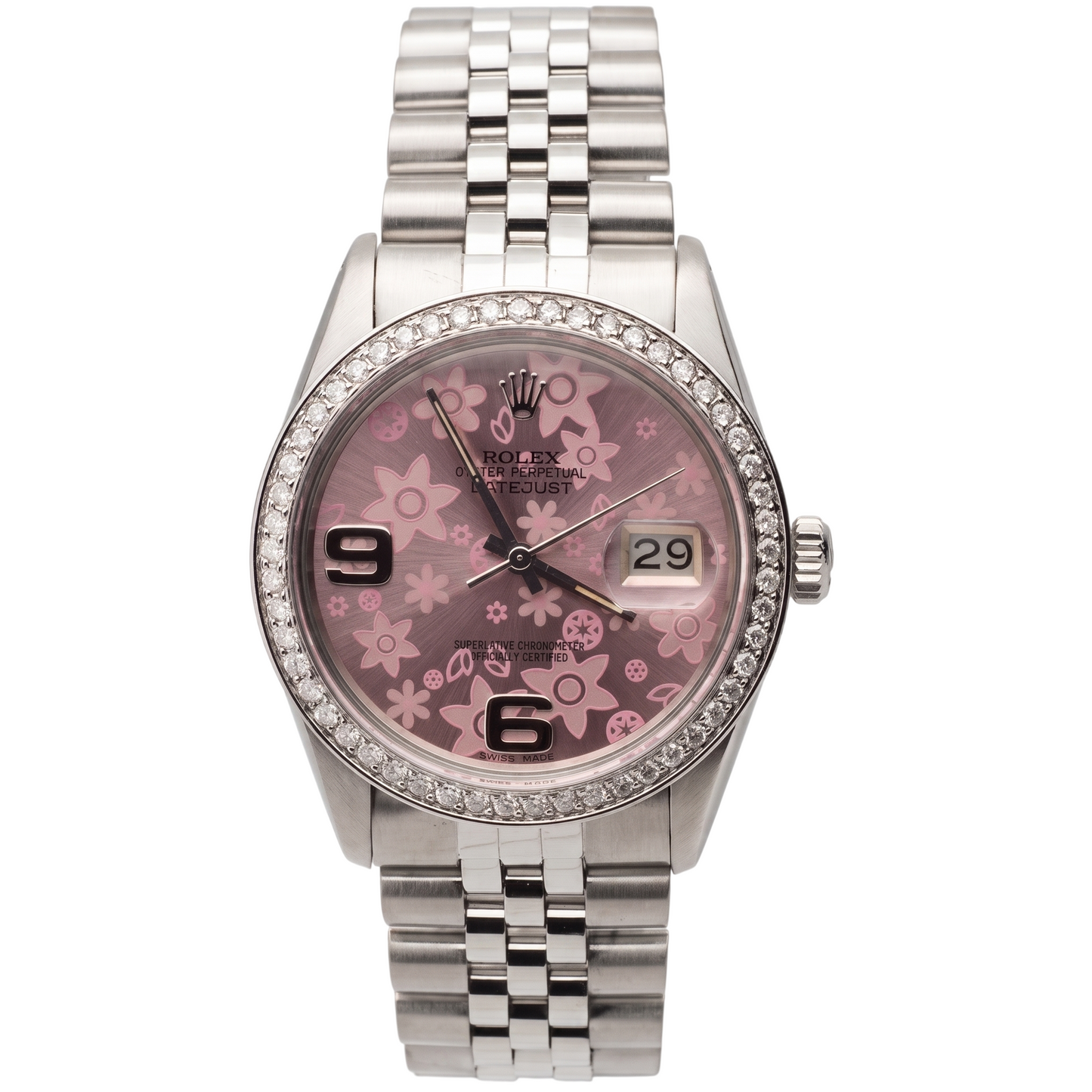 Rolex-Uhr mit rosafarbenem Blumen-Zifferblatt, Edelstahl Jubilee Diamant, Rolex-Datum, einfach schnell eingestellt
